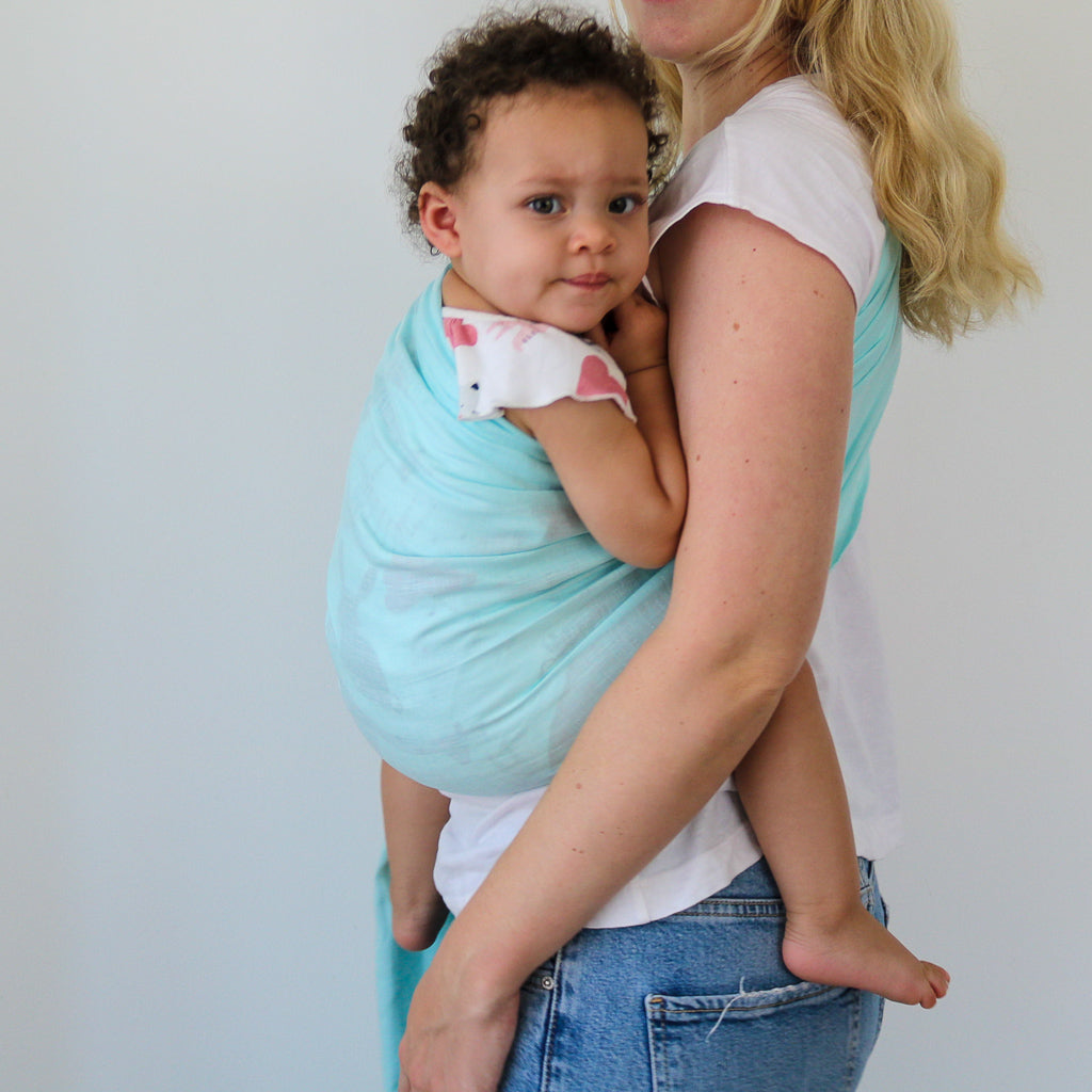 Teal Baby Sling - Light Rose Gold Rings - Hiccups & Buttercups -