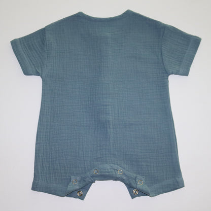 A blue short-sleeve cotton baby romper by Hiccups & Buttercups