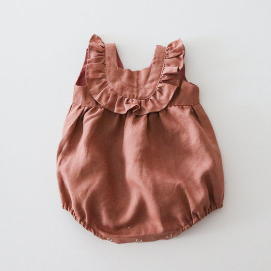 Caramel Linen Baby Romper - Hiccups & Buttercups - 3 to 6 months